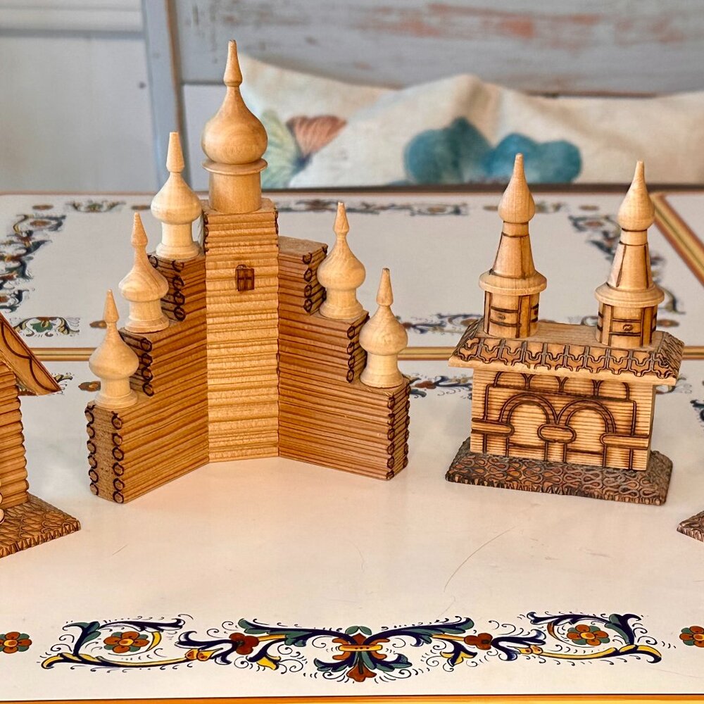 set of vintage Russian hand-worked miniature wooden church models